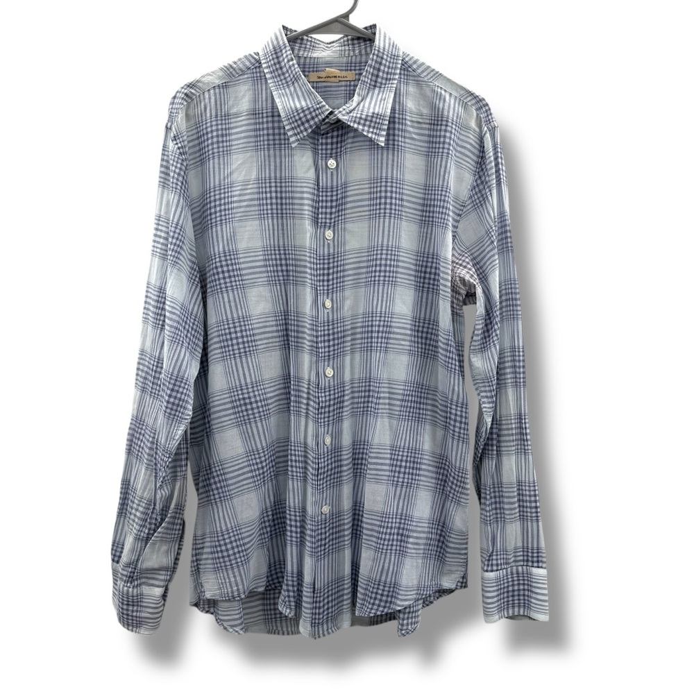 John Varvatos Blue & White Plaid Button Down Long Sleeve Shirt Sz XL